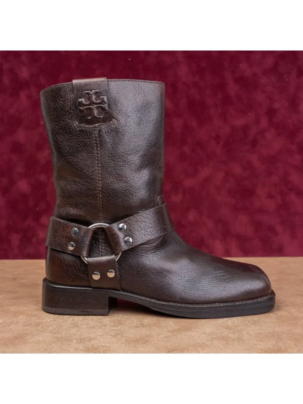 Tory Burch Women Double T Moto Fashion Dark Brown Leather Harness Boots sz 6